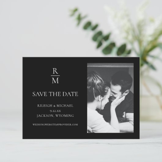 黒エレガントモノグラム結婚式の日付写真を保存 (スタンド正面)