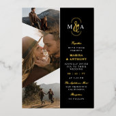 黒エレガントモノグラム非対称結婚写真 箔招待状 (正面)