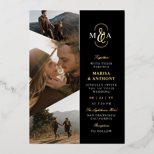 黒エレガントモノグラム非対称結婚写真 箔招待状 (正面)