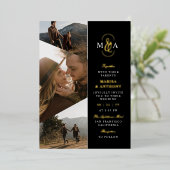 黒エレガントモノグラム非対称結婚写真 箔招待状 (立ち正面)