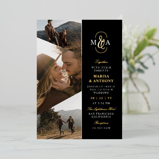 黒エレガントモノグラム非対称結婚写真 箔招待状 (立ち正面)