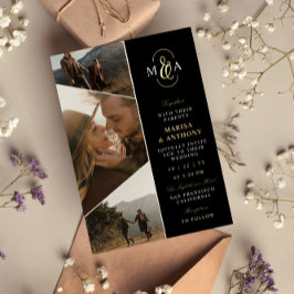 黒エレガントモノグラム非対称結婚写真 箔招待状