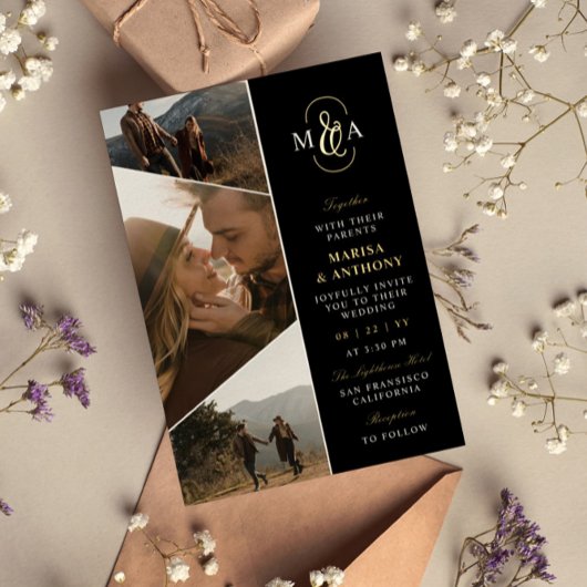 黒エレガントモノグラム非対称結婚写真 箔招待状