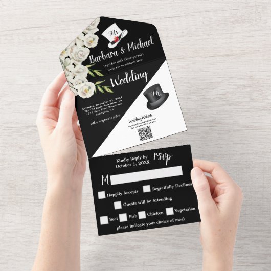 黒エレガントユニークと白のフローラ写真 オールインワン招待状 (貼ってはがせる)
