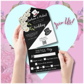 黒エレガントユニークと白のフローラ写真 オールインワン招待状