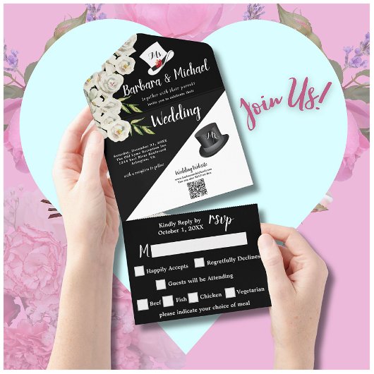 黒エレガントユニークと白のフローラ写真 オールインワン招待状