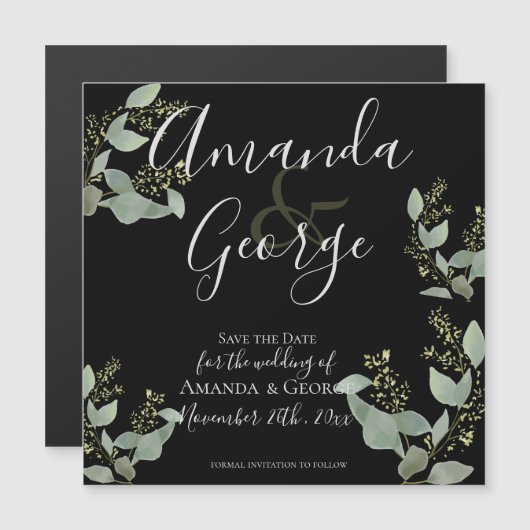 黒エレガントユーカリ葉の日を保存 マグネット招待状 (正面/裏面)