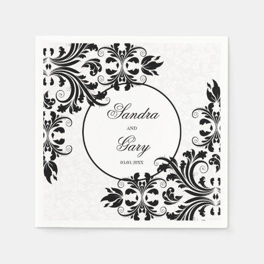 黒エレガントレース白ダマスク スタンダードカクテルナプキン (正面)