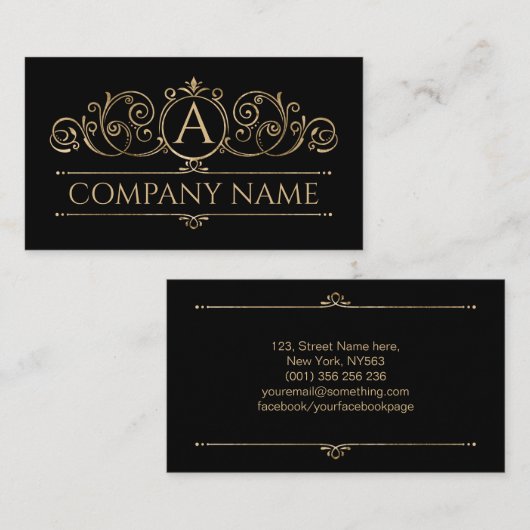 黒エレガントヴィンテージスワールモノグラム金ゴールド 名刺 (正面/裏面)