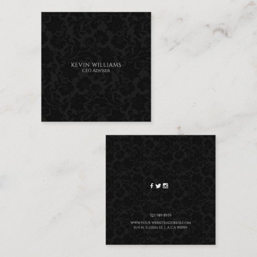 黒エレガントヴィンテージダマスパターン スクエア名刺 (正面/裏面)
