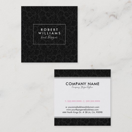 黒エレガントヴィンテージダマスパターン スクエア名刺 (正面/裏面)