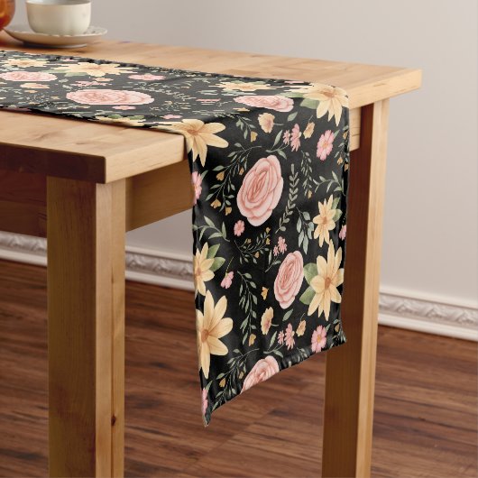 黒エレガントヴィンテージ山花バラ模様 ロングテーブルランナー (インサイチュ)