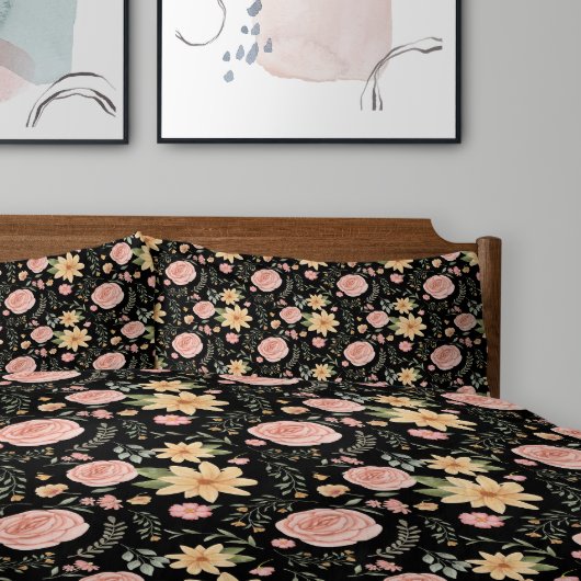黒エレガントヴィンテージ山花バラ模様 枕カバー