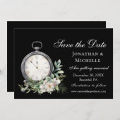 黒エレガントヴィンテージ時計のホワイトローズ結婚 セーブザデート (正面/裏面)