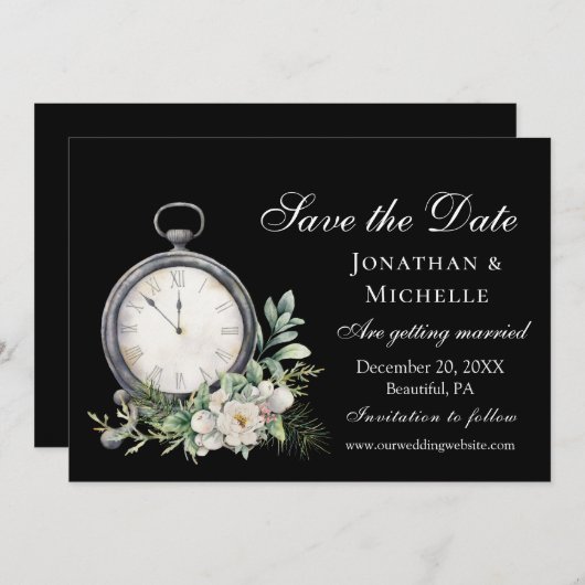 黒エレガントヴィンテージ時計のホワイトローズ結婚 セーブザデート (正面/裏面)