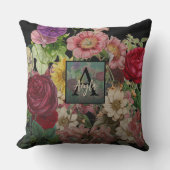 黒エレガントヴィンテージ植物性フローラモノグラム クッション (正面)
