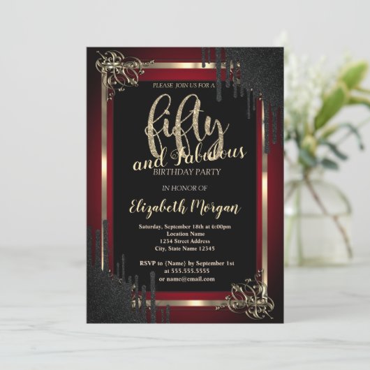 黒エレガント乾縁ど深赤50誕生日 招待状 (スタンド正面)
