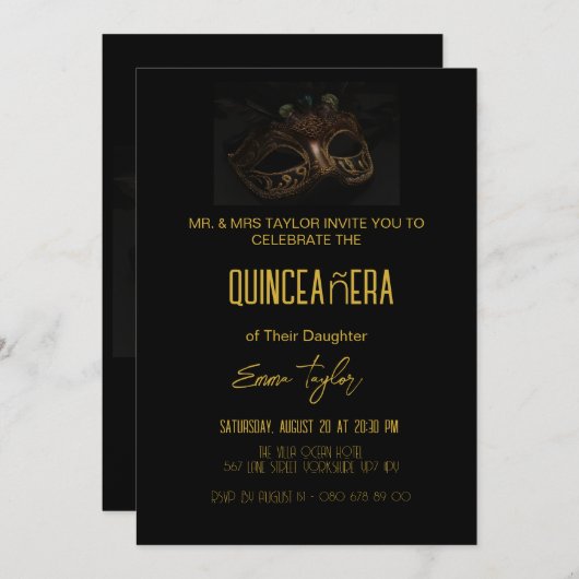 黒エレガント仮装クインセアニラ15誕生日 招待状 (正面/裏面)