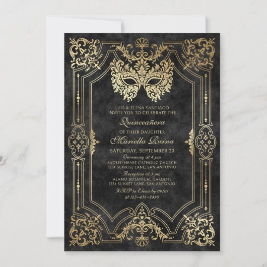 黒エレガント仮装マスクキンセアニェラ 招待状 (正面)