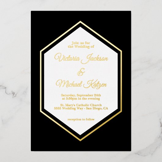 黒エレガント伝統的金フォイル結婚ズフォイル 箔招待状 (正面)