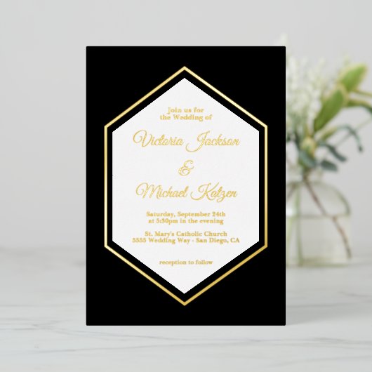 黒エレガント伝統的金フォイル結婚ズフォイル 箔招待状 (立ち正面)