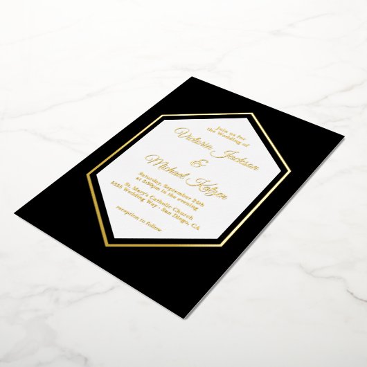 黒エレガント伝統的金フォイル結婚ズフォイル 箔招待状 (回転した状態)