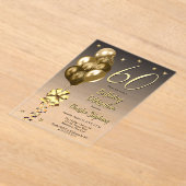 黒エレガント六十バースデーパーティーの金ゴールド風船 アクリル招待状 (レイダウン)