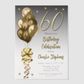 黒エレガント六十バースデーパーティーの金ゴールド風船 ベラム紙招待状 (正面)