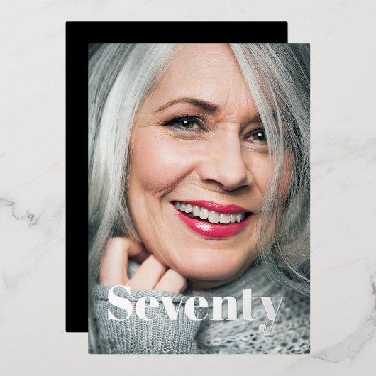 黒エレガント写モダン真70誕生日 箔招待状 (正面/裏面)