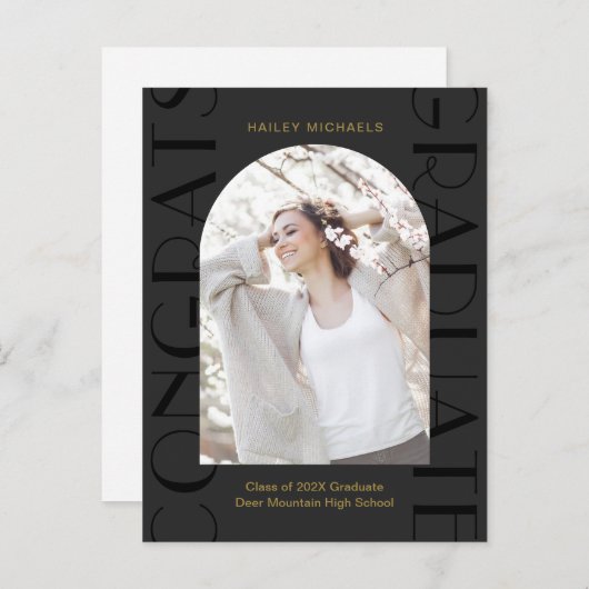 黒エレガント卒業パーティー写真招待状 案内ポストカード (正面/裏面)