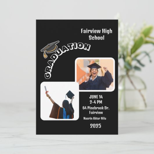 黒エレガント卒業パーティー招待状と喜び 招待状 (スタンド正面)