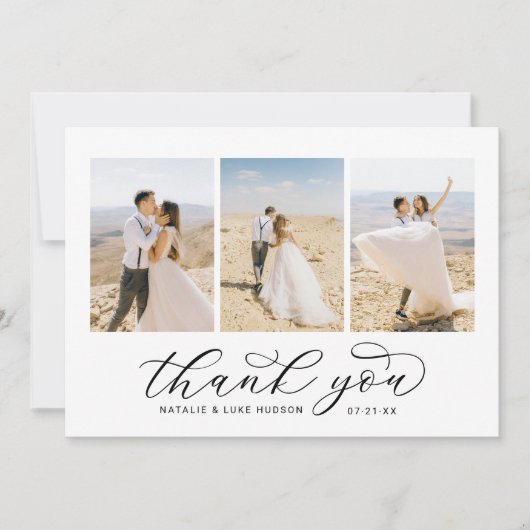 黒エレガント印パーソナライズされた3結婚枚 サンキューカード (正面)