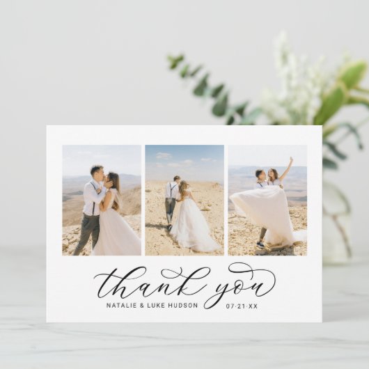 黒エレガント印パーソナライズされた3結婚枚 サンキューカード (スタンド正面)