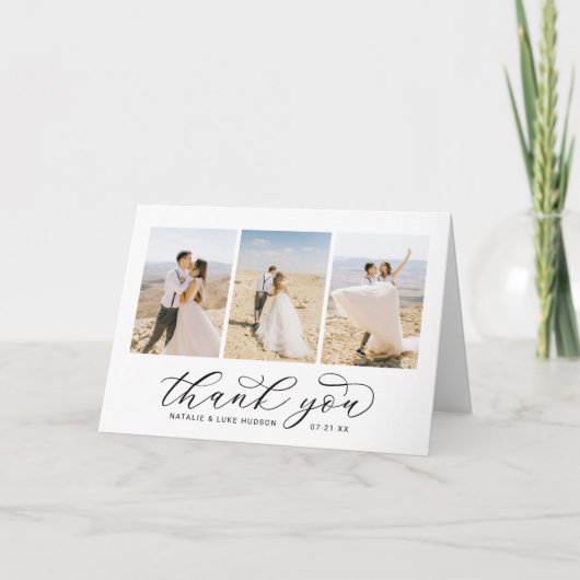 黒エレガント印パーソナライズされた3結婚枚 サンキューカード (正面)