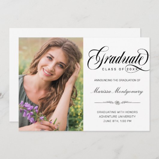 黒エレガント台写真大学卒業 案内状 (正面/裏面)