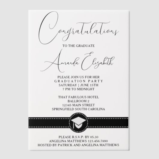 黒エレガント台本スタイリッシュ卒業パーティー ベラム紙招待状 (正面)