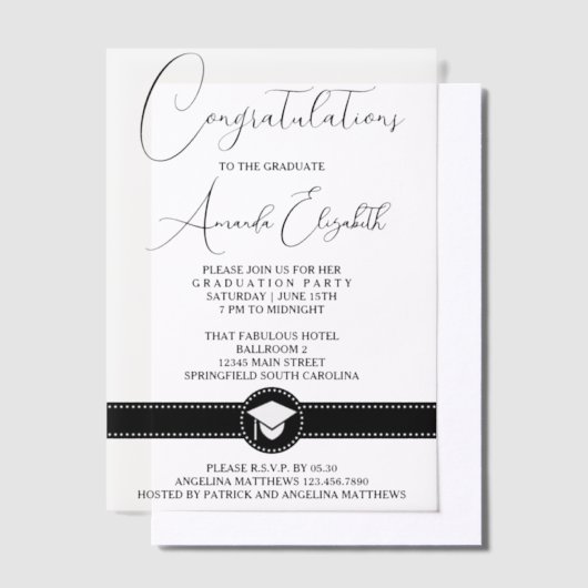 黒エレガント台本スタイリッシュ卒業パーティー ベラム紙招待状 (オフセット)