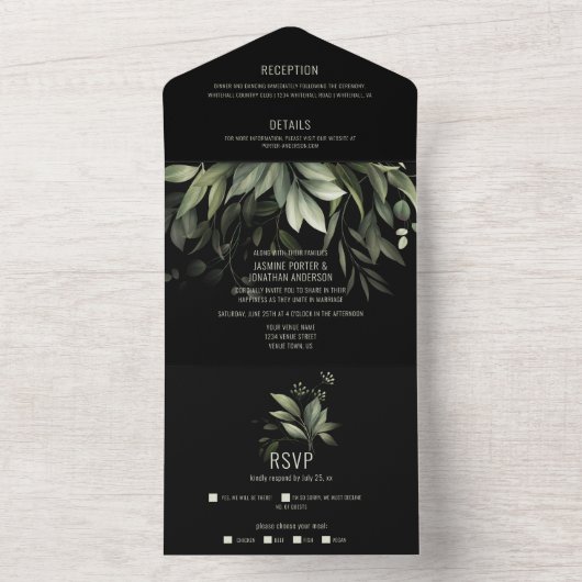 黒エレガント地に水彩緑 オールインワン招待状 (内側)