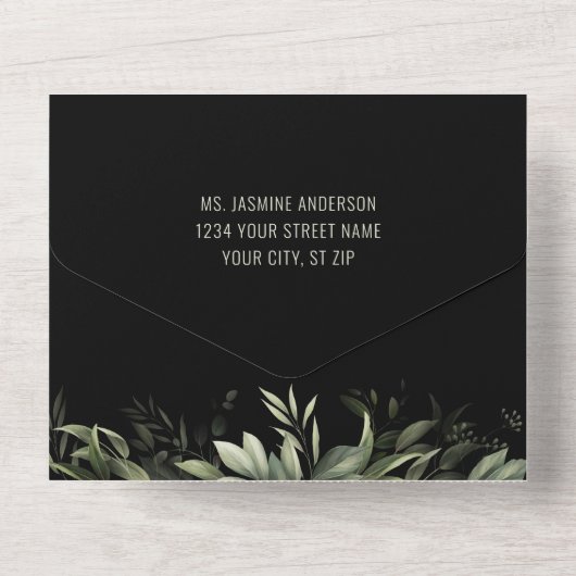 黒エレガント地に水彩緑 オールインワン招待状 (裏面)