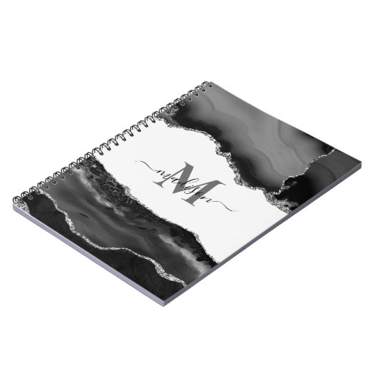 黒エレガント地帯瑪瑙モノグラム銀グリッター ノートブック (左側)