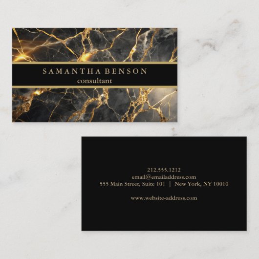 黒エレガント大理石および金属金ゴールドデザイン 名刺 (正面/裏面)