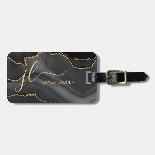 黒エレガント大理石アゲートモノグラムカスタム ラゲッジタグ (正面横)
