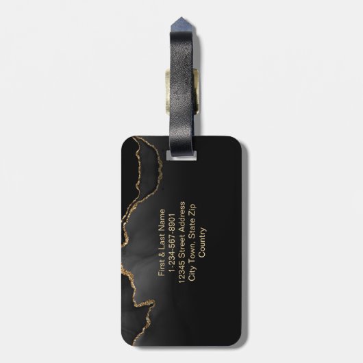 黒エレガント大理石アゲートモノグラムカスタム ラゲッジタグ (裏面縦)