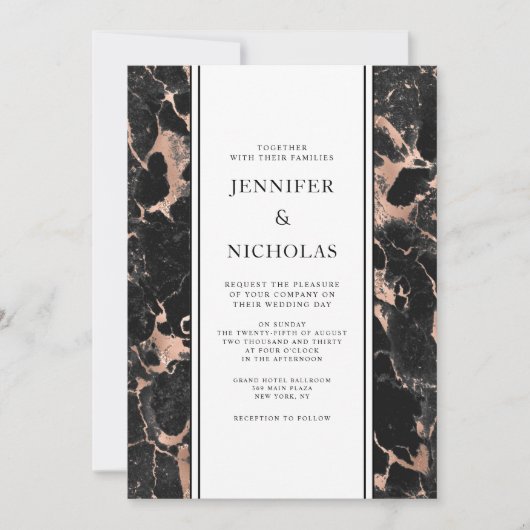 黒エレガント大理石バラ金ゴールド結婚ズ 招待状 (正面)