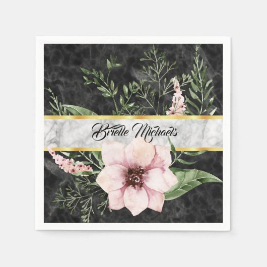 黒エレガント大理石ピンクフローラ（名前） スタンダードカクテルナプキン (正面)