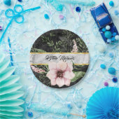 黒エレガント大理石ピンクフローラ(名前) ペーパープレート (パーティー)