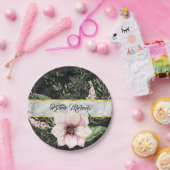 黒エレガント大理石ピンクフローラ(名前) ペーパープレート (パーティー)