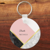 黒エレガント大理石ピンク色ブロック名付き キーホルダー (正面)