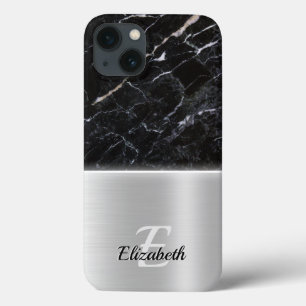 黒エレガント大理石フェイクアート銀金属鋼 iPhone 13ケース