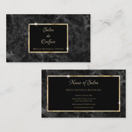 黒エレガント大理石金ゴールドフレームヘアサロン 名刺 (正面/裏面)